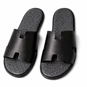 Premium Black Leather Slide Slippers – Luxury H-Style Cut