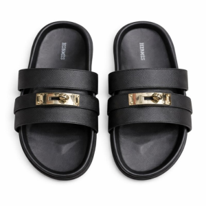 Luxury Black Hermes-Style Men’s Slippers – Gold Buckle Edition